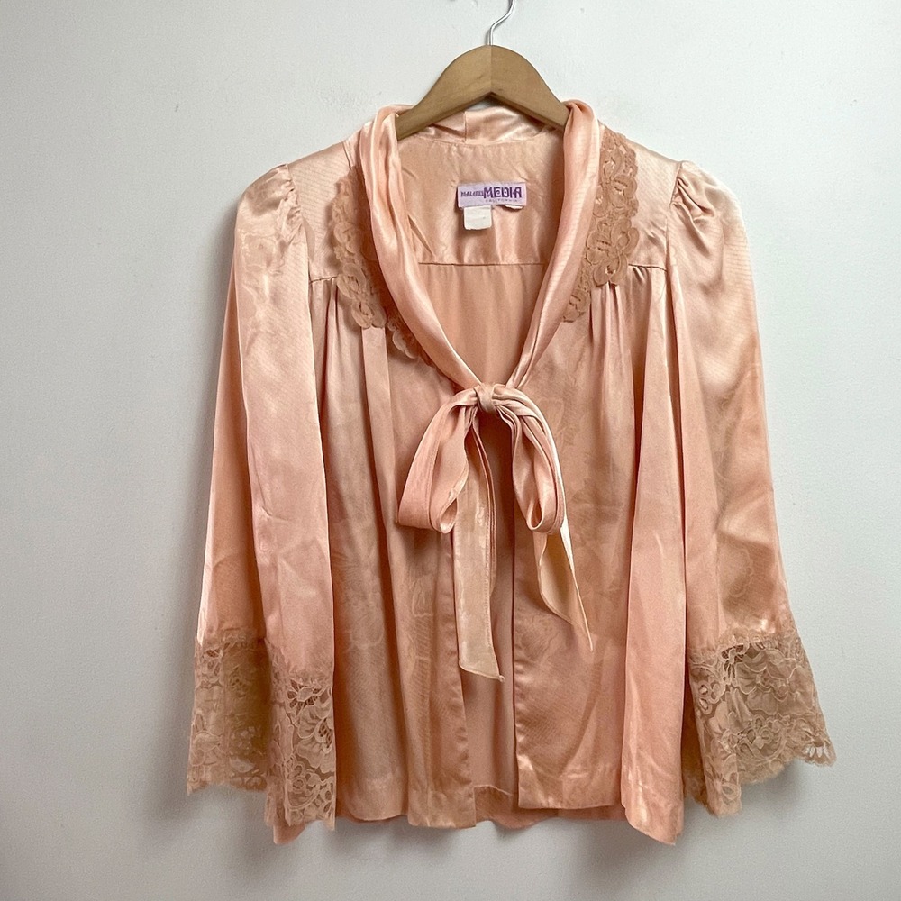 Peach Satin Lace 2pc Bed Jacket Bralette Small Robe Lingerie Coquette Vintage